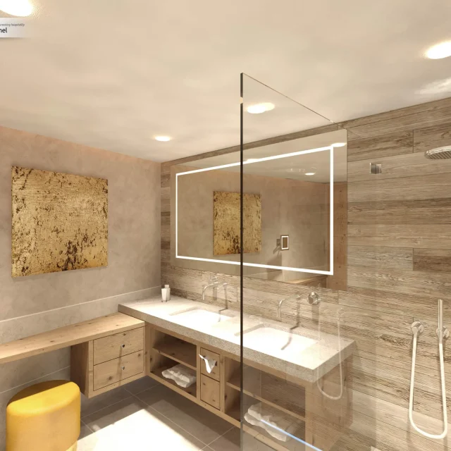 Modernes Badezimmer mit Holzdetails und großzügigem Spiegel