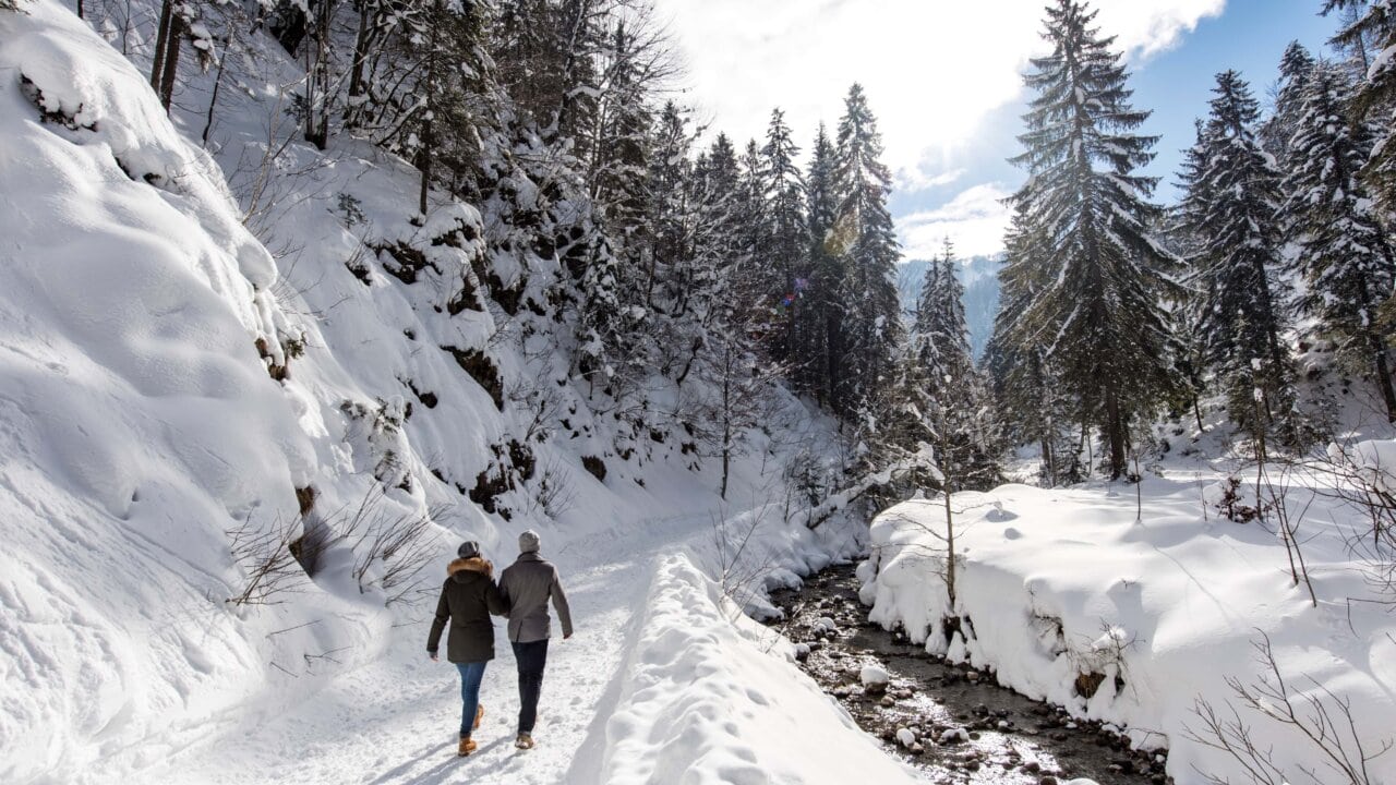 Schneeschuh & Winterwandern 1 winterspaziergang neben gebirgsbach
