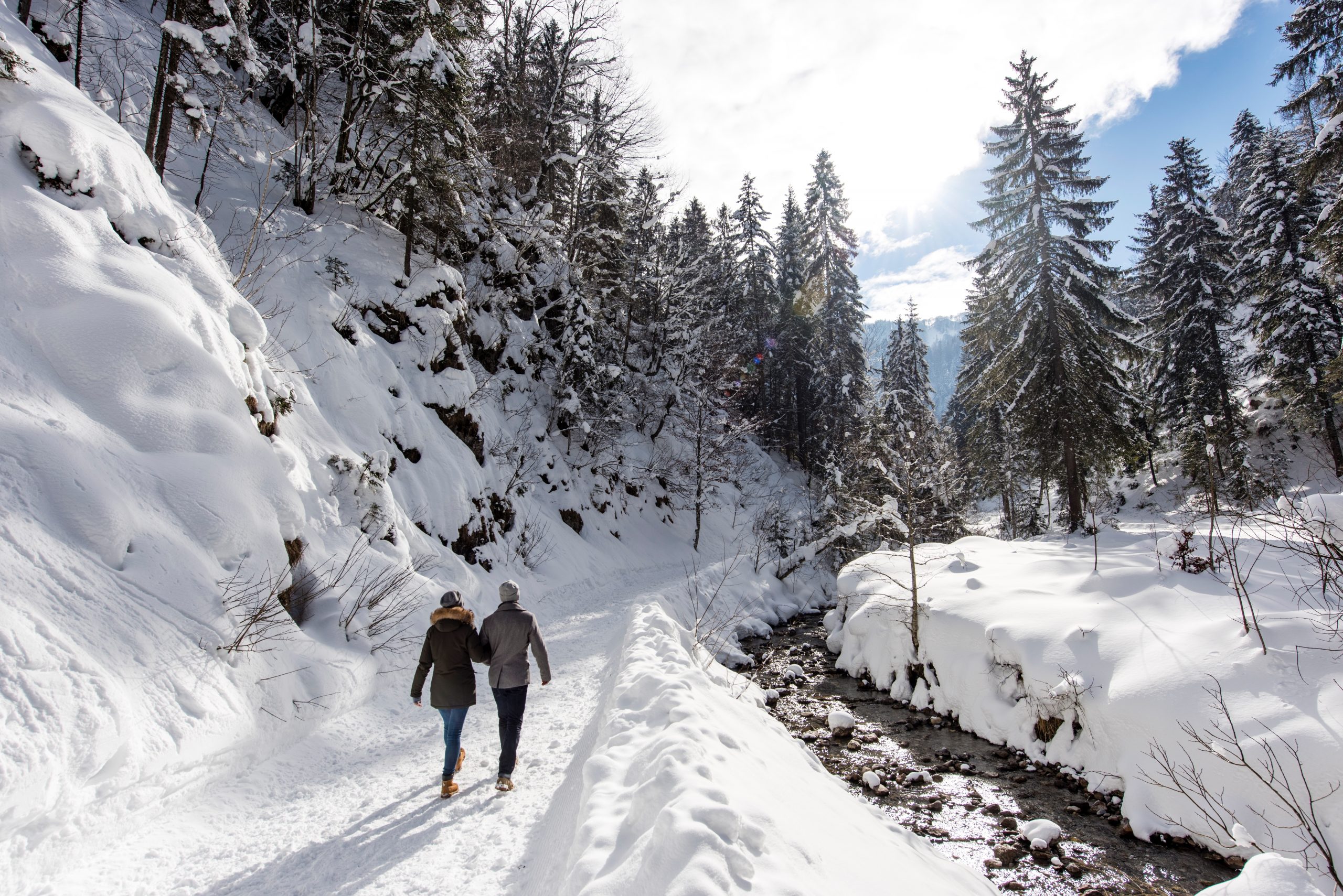 winterspaziergang neben gebirgsbach scaled