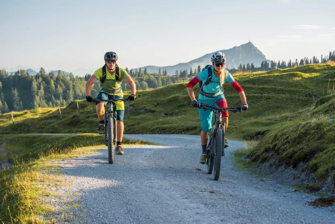 Zwei Mountainbiker auf einem schmalen Weg
