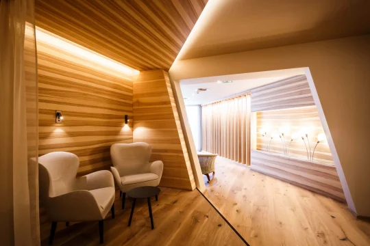 Moderne Lounge mit Holzverkleidung und gemütlichen Sesseln
