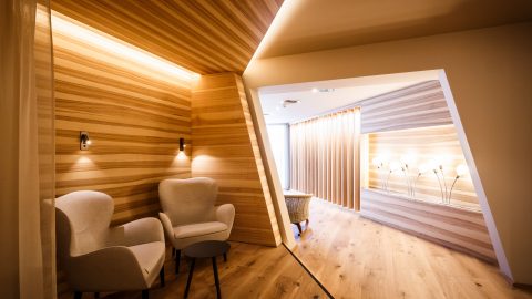 Moderne Lounge mit Holzverkleidung und gemütlichen Sesseln