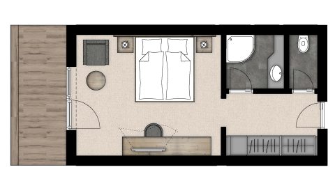 Grundriss eines modernen Zimmers mit Bad.