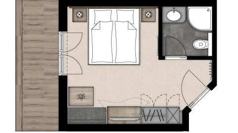 Grundriss eines modernen Zimmers mit Bad.