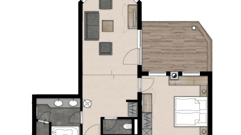 Grundriss einer gemütlichen Wohnung mit Badezimmer.