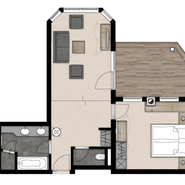 Grundriss einer gemütlichen Wohnung mit Badezimmer.