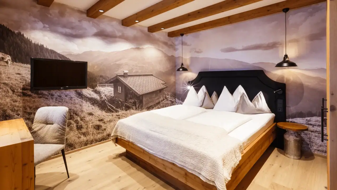 Gemütliches Schlafzimmer mit Holzdekor und Fernsehen