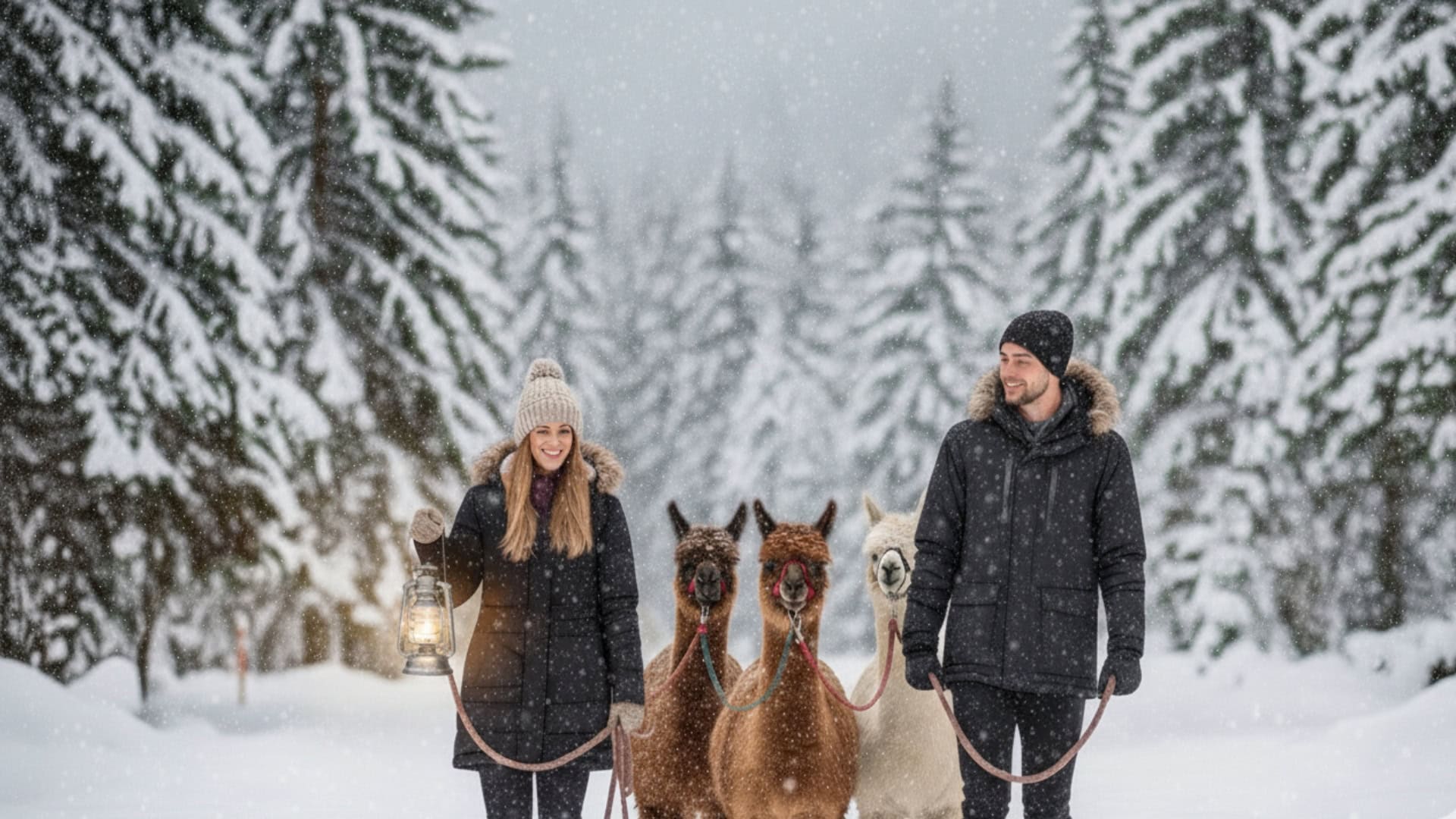 Paar mit Alpakas im verschneiten Winterwald